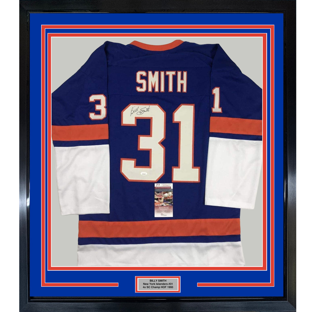 FRAMED Autographed/Signed BILLY SMITH 33x42 New York Blue Jersey JSA COA Auto
