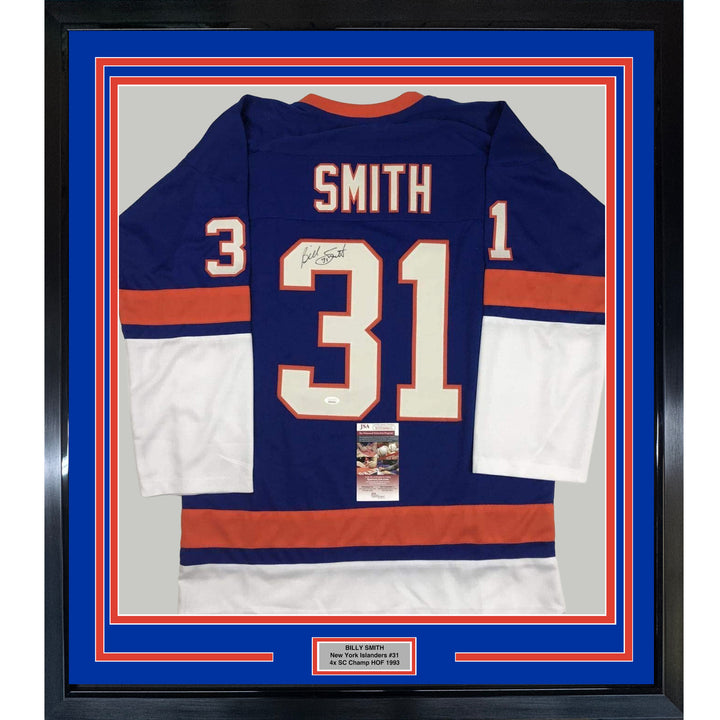 FRAMED Autographed/Signed BILLY SMITH 33x42 New York Blue Jersey JSA COA Auto