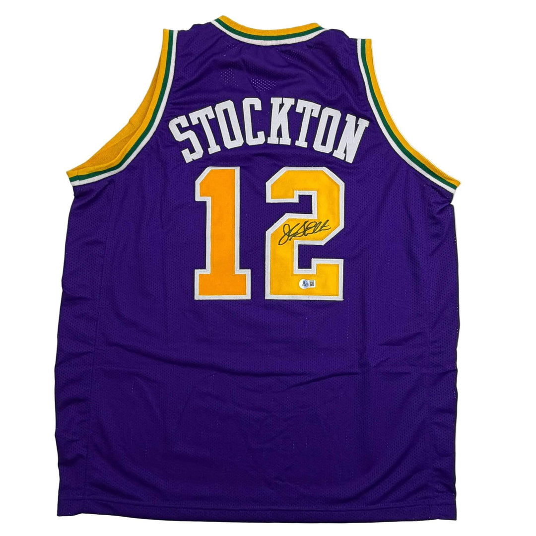 Autographed/Signed John Stockton Utah Purple Basketball Jersey Beckett BAS COA