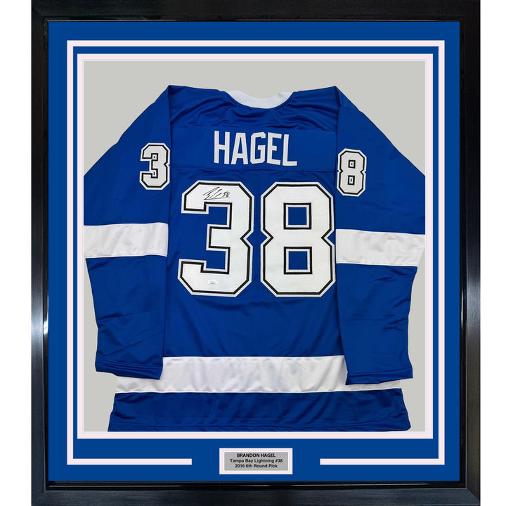 Framed Autographed/Signed Brandon Hagel 35x39 Tampa Bay Blue Jersey JSA COA