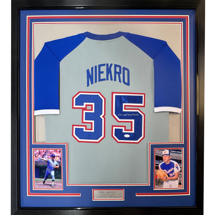 FRAMED Autographed/Signed PHIL NIEKRO 33x42 Atlanta Grey Jersey JSA COA Auto