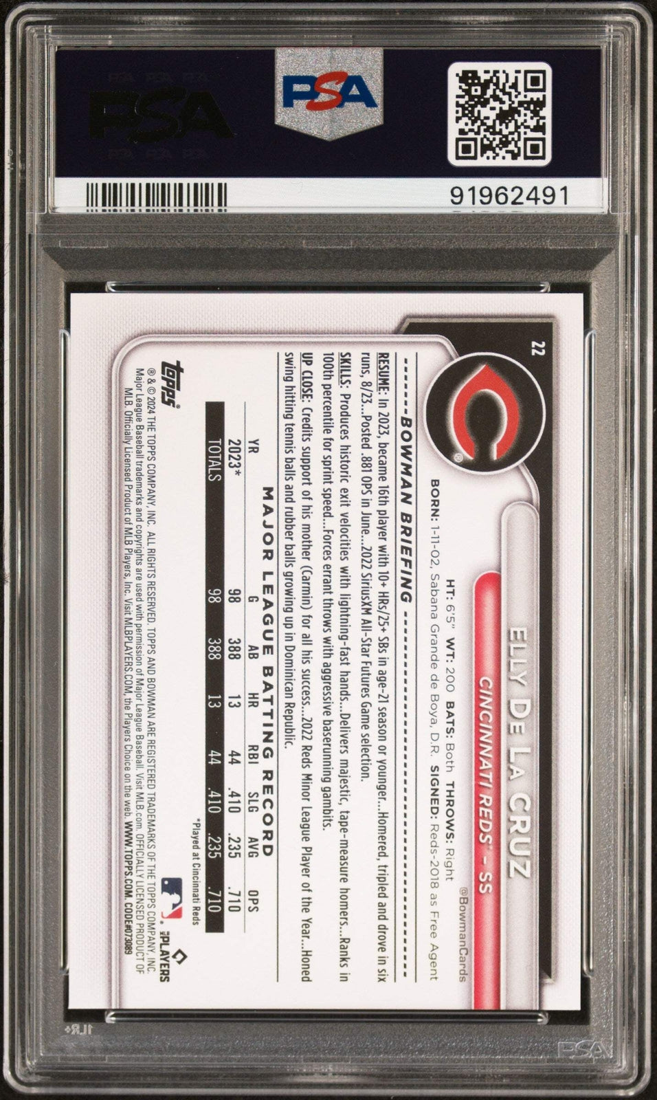 Graded 2024 Topps Bowman Elly De La Cruz #22 Rookie RC Baseball Card PSA 10 Gem