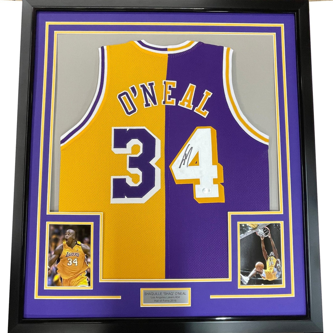 Framed Autographed/Signed Shaquille Shaq O'Neal 33x42 LA Split Jersey COA