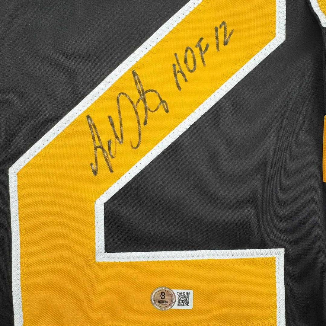 Framed Autographed/Signed Adam Oates 35x39 "HOF 12" Black Hockey Jersey BAS COA