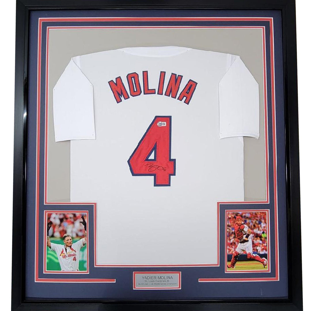Framed Autographed/Signed Yadier Molina 33x42 St. Louis White Jersey COA