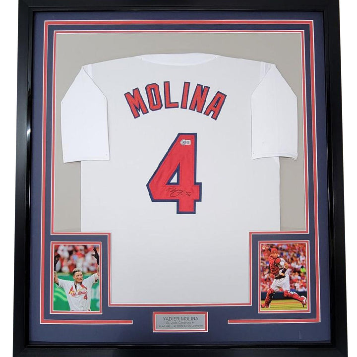 Framed Autographed/Signed Yadier Molina 33x42 St. Louis White Jersey COA