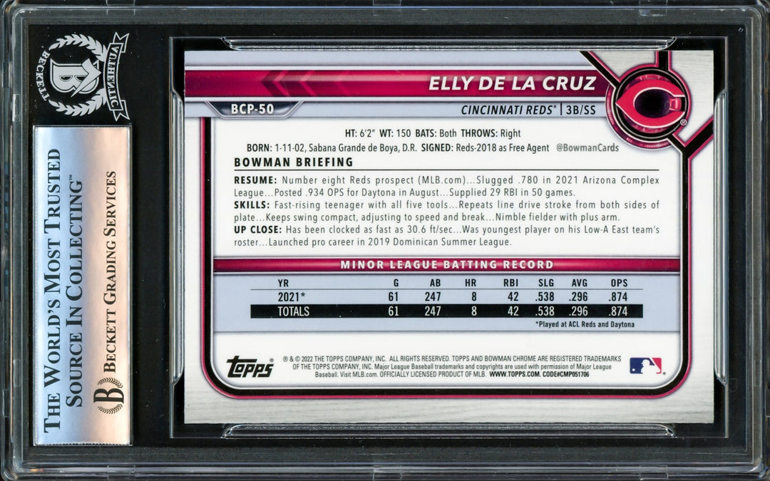 Elly De La Cruz Signed 2022 Bowman Chrome RC BCP50 Reds "1st HR 6/7/23" Beckett