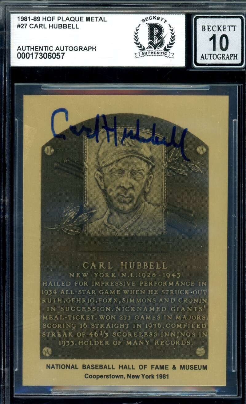 Carl Hubbell Gem Mint 10 Beckett BAS Signed 1981-89 Metallic Hall Of Fame Plaque