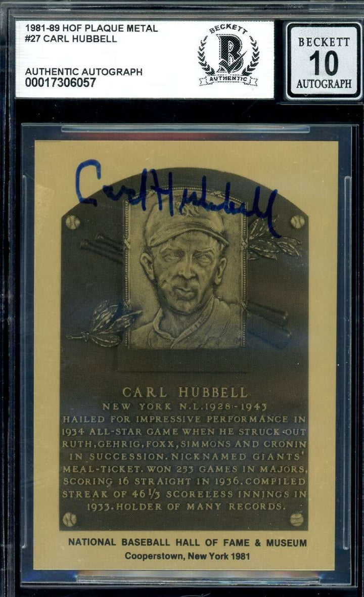 Carl Hubbell Gem Mint 10 Beckett BAS Signed 1981-89 Metallic Hall Of Fame Plaque
