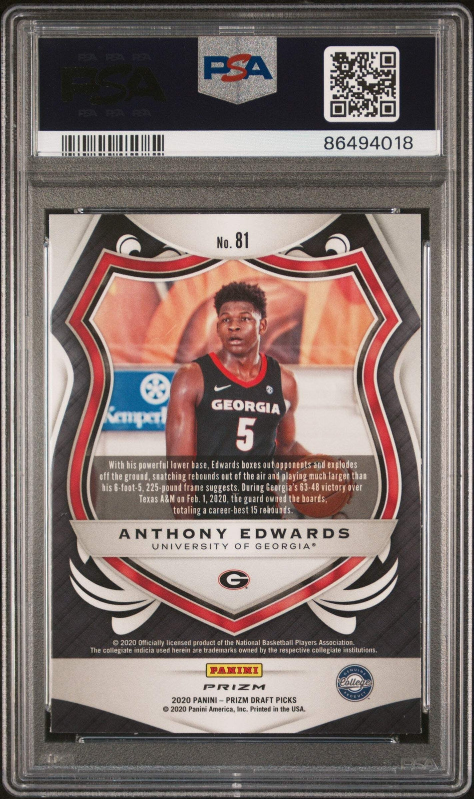 Graded 2020 Panini Prizm Anthony Edwards #81 Red Ice RC Basketball Card PSA 10