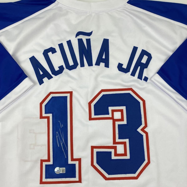 Autographed/Signed RONALD ACUNA JR. Atlanta White Retro Jersey Beckett COA
