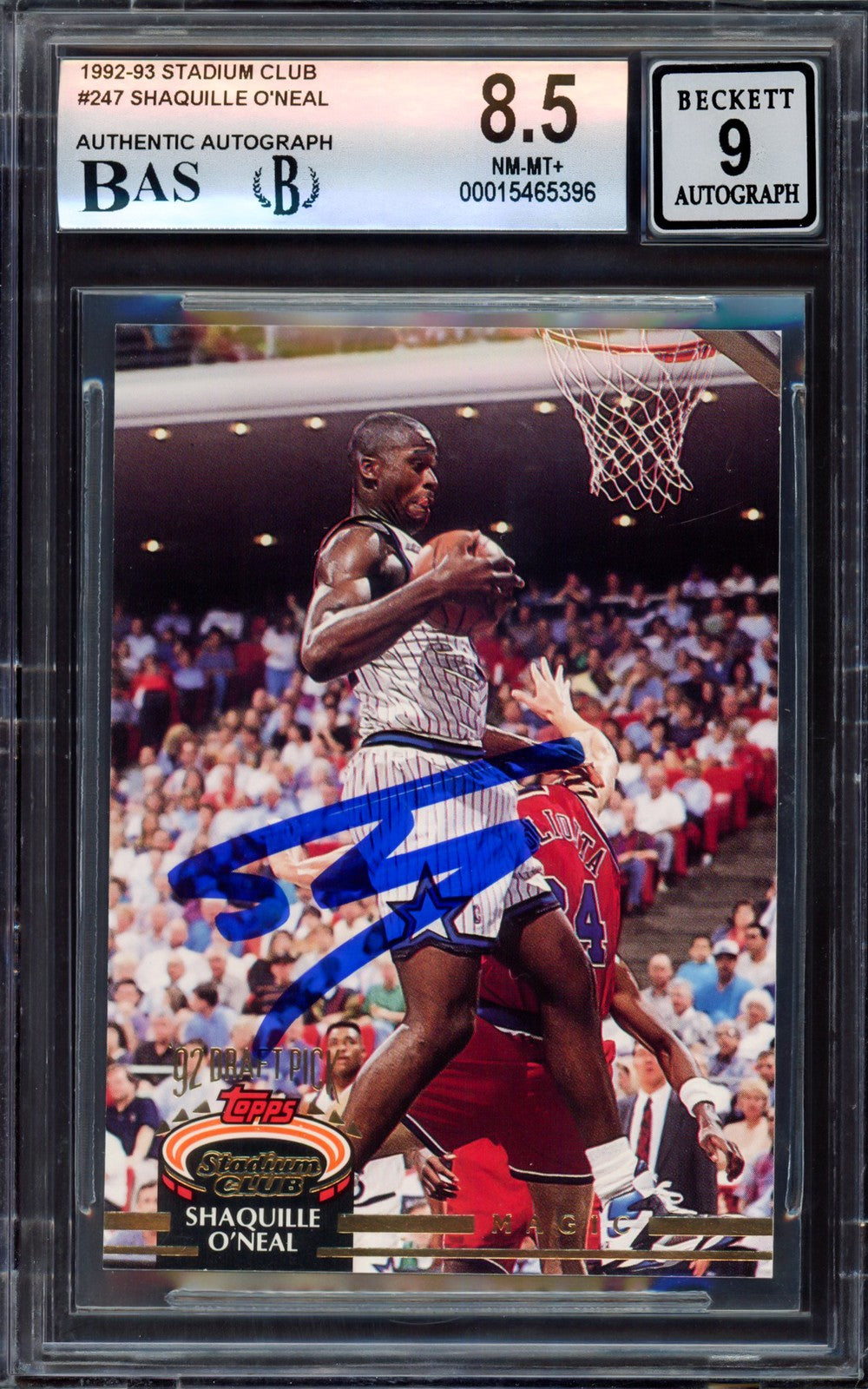 Shaquille O'Neal Signed 1992-93 Stadium Club RC 247 Magic BGS 8.5 Sig 9 Beckett