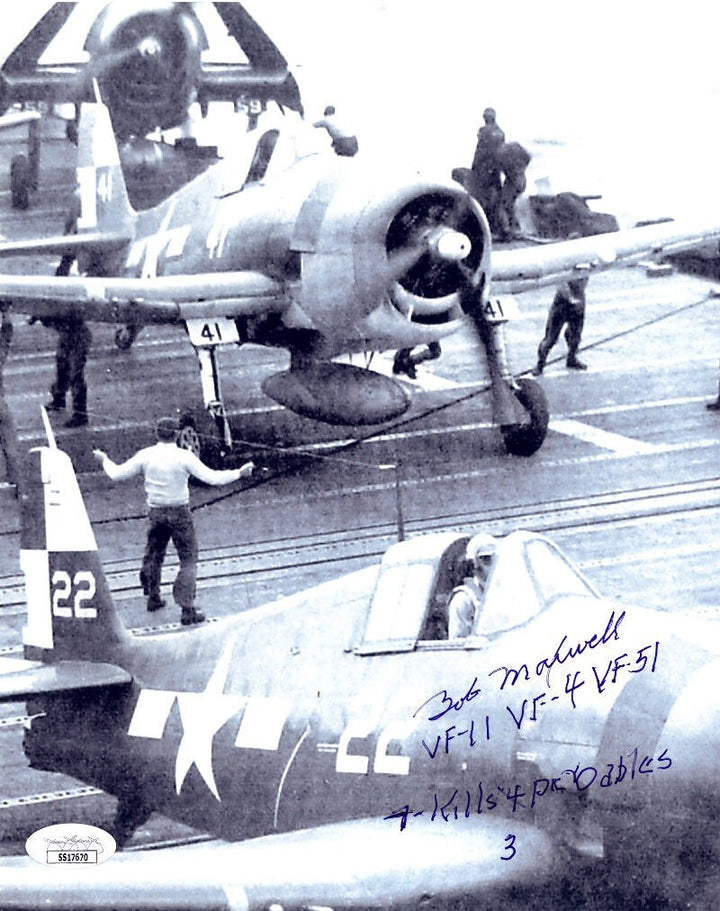 Robert/Bob Maxwell signed WWII VF-11/Navy Ace Pilot 8x10 Photo w/ 7 Kills - JSA