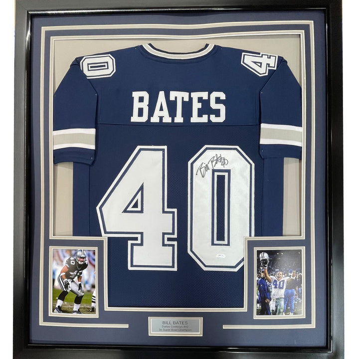 FRAMED Autographed/Signed BILL BATES 33x42 Dallas Dark Blue Jersey PSA COA