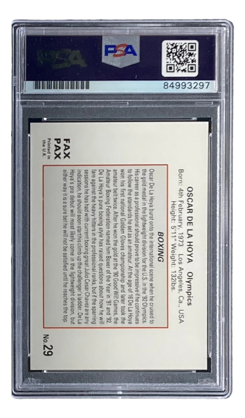 Oscar De La Hoya Signed 1993 Fax Pax #29 Rookie Card PSA/DNA Gem 10