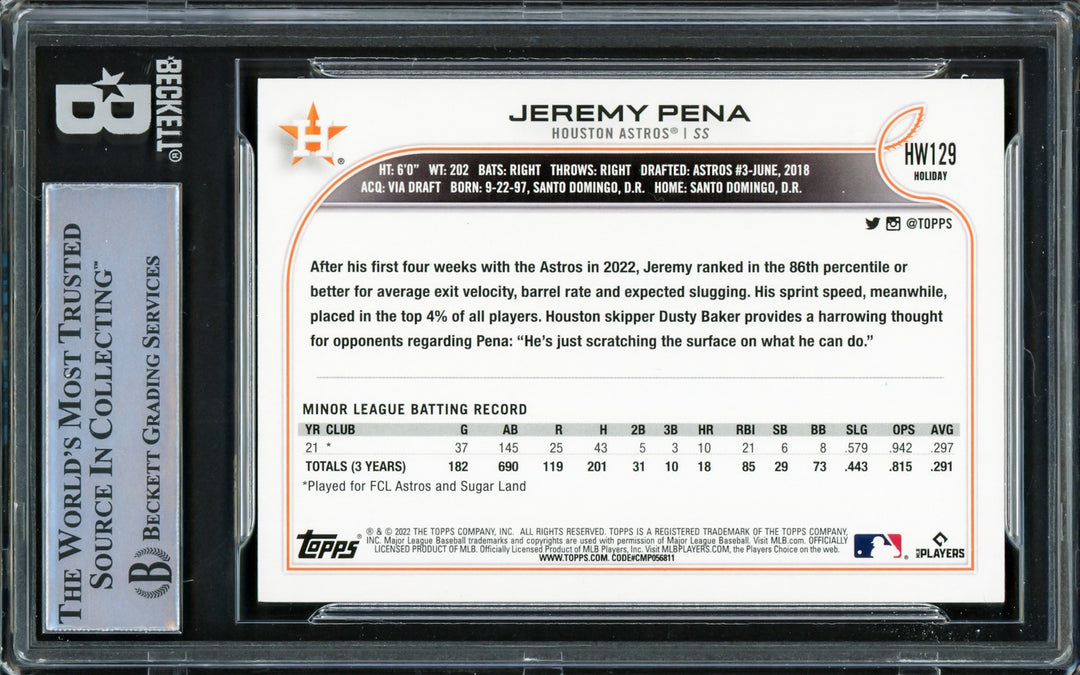 Jeremy Pena Autographed 2022 Topps Holiday Rookie Card Astros Beckett #16545680