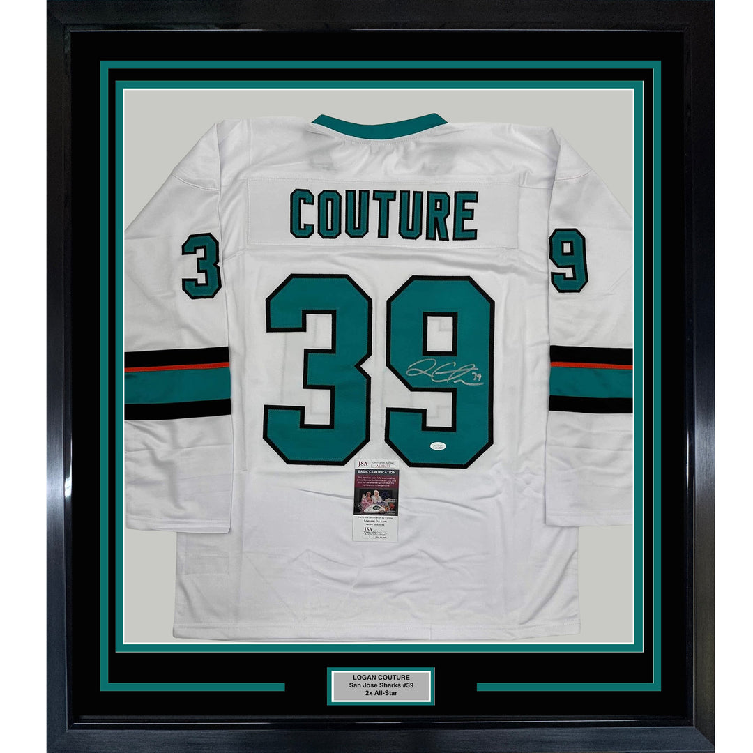 Framed Autographed/Signed Logan Couture 35x39 San Jose White Jersey JSA COA