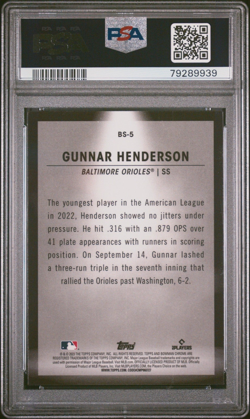 Graded 2023 Bowman Gunnar Henderson #BS5 Spotlights RC Baseball Card PSA 10