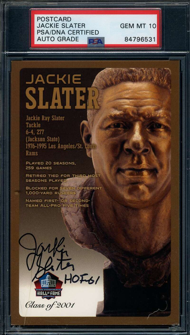 Jackie Slater Gem Mint 10 PSA DNA Signed HOF Bronze Bust Postcard Autograph