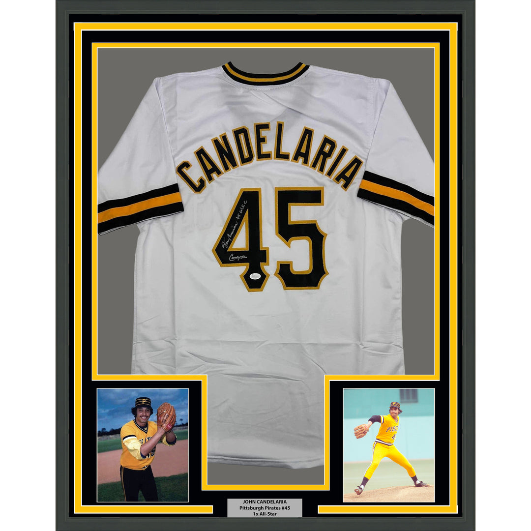 Framed Autographed/Signed John Candelaria 35x39 Pittsburgh White Jersey JSA COA