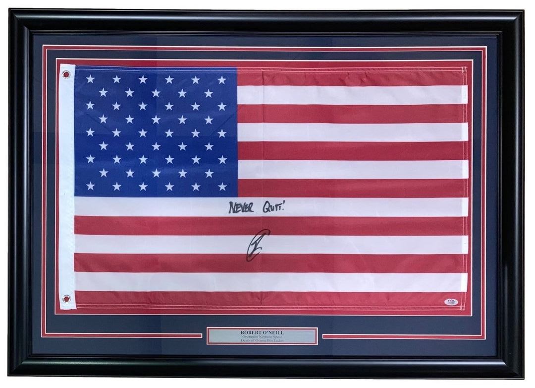 Robert O'Neill Signed Framed American Flag 34x46 Never Quit Inscribed PSA ITP