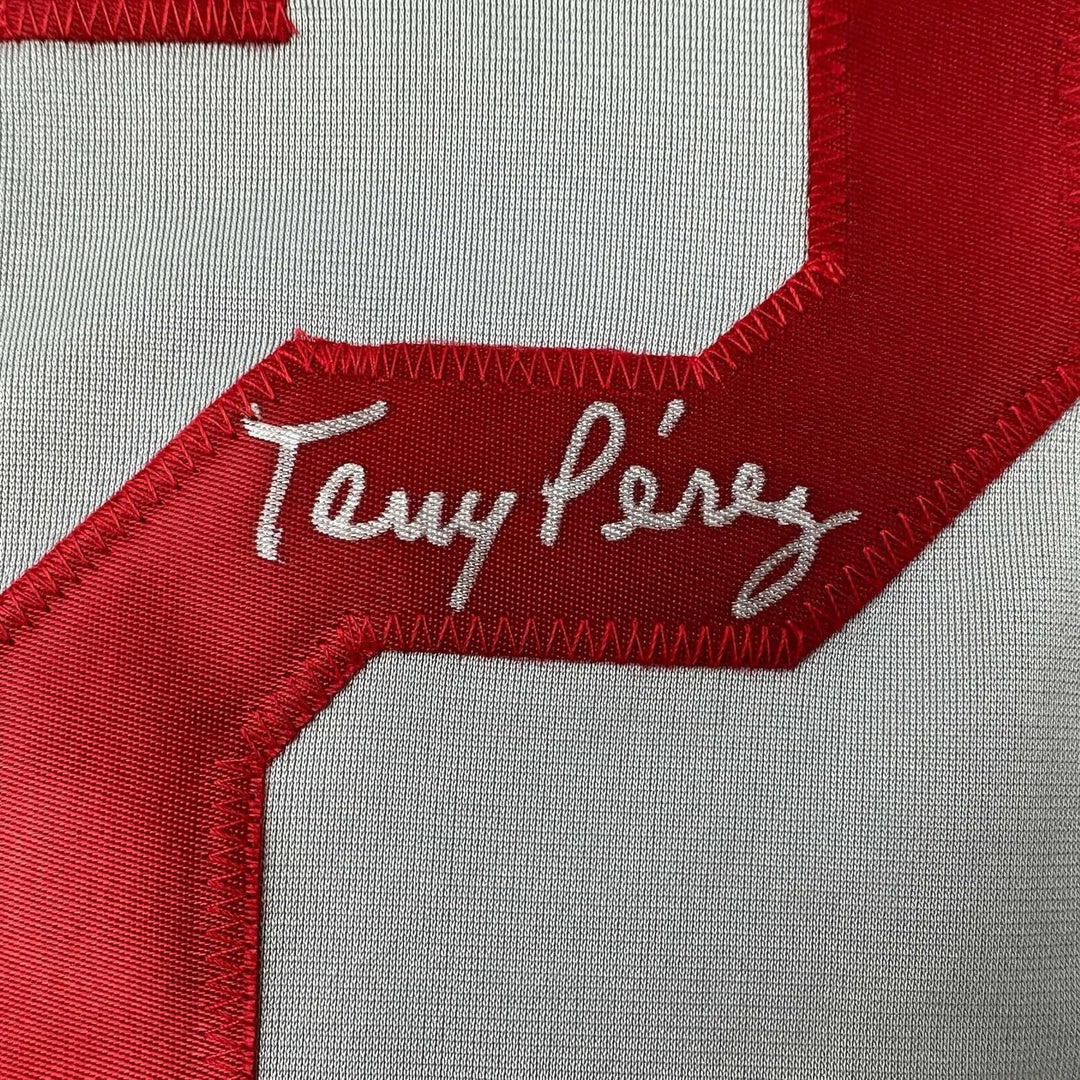 Framed Autographed/Signed Tony Perez 35x39 Cincinnati Grey Jersey BAS COA