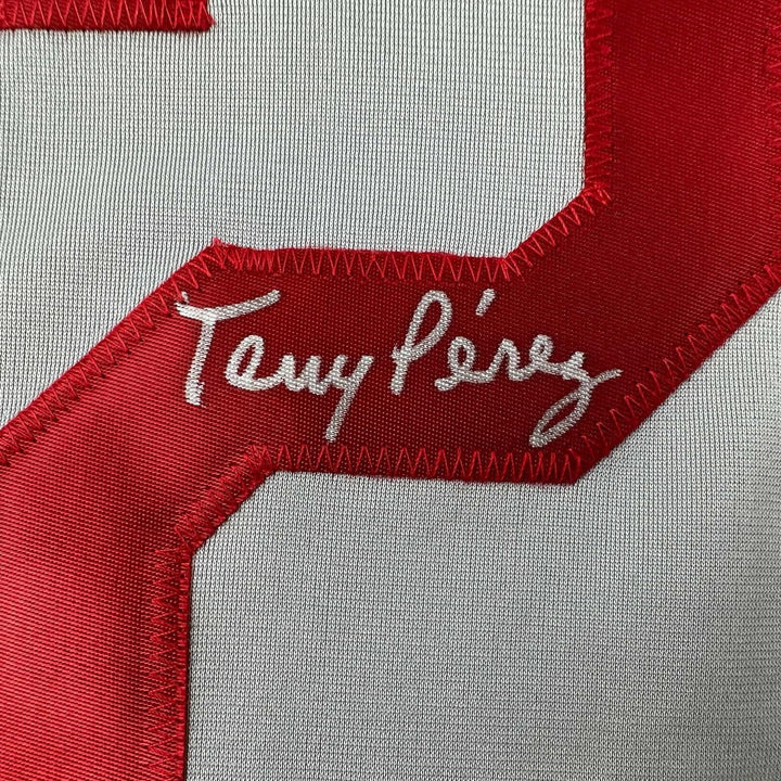 Framed Autographed/Signed Tony Perez 35x39 Cincinnati Grey Jersey BAS COA