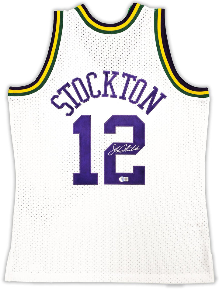 Jazz John Stockton Auto White AUTH Mitchell Ness 91-92 HWC Swingman Jersey L BAS