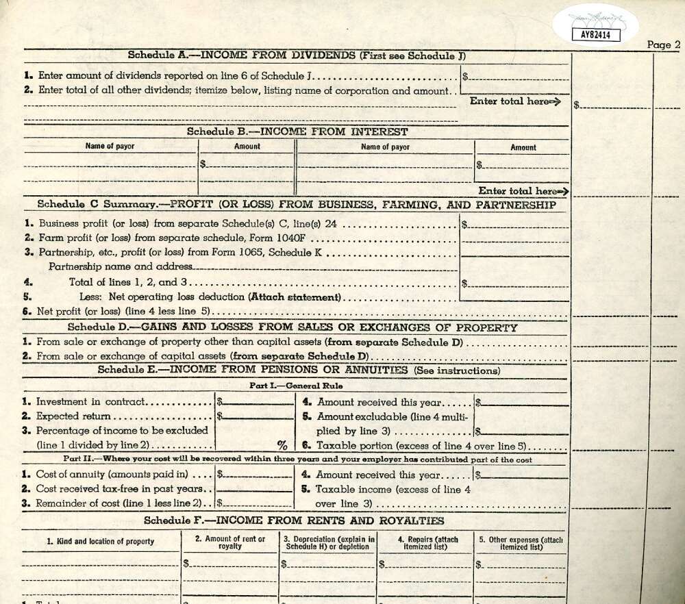 Jeff Chandler JSA Coa Signed 1954 1040 Tax Form Autograph