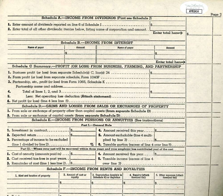 Jeff Chandler JSA Coa Signed 1954 1040 Tax Form Autograph