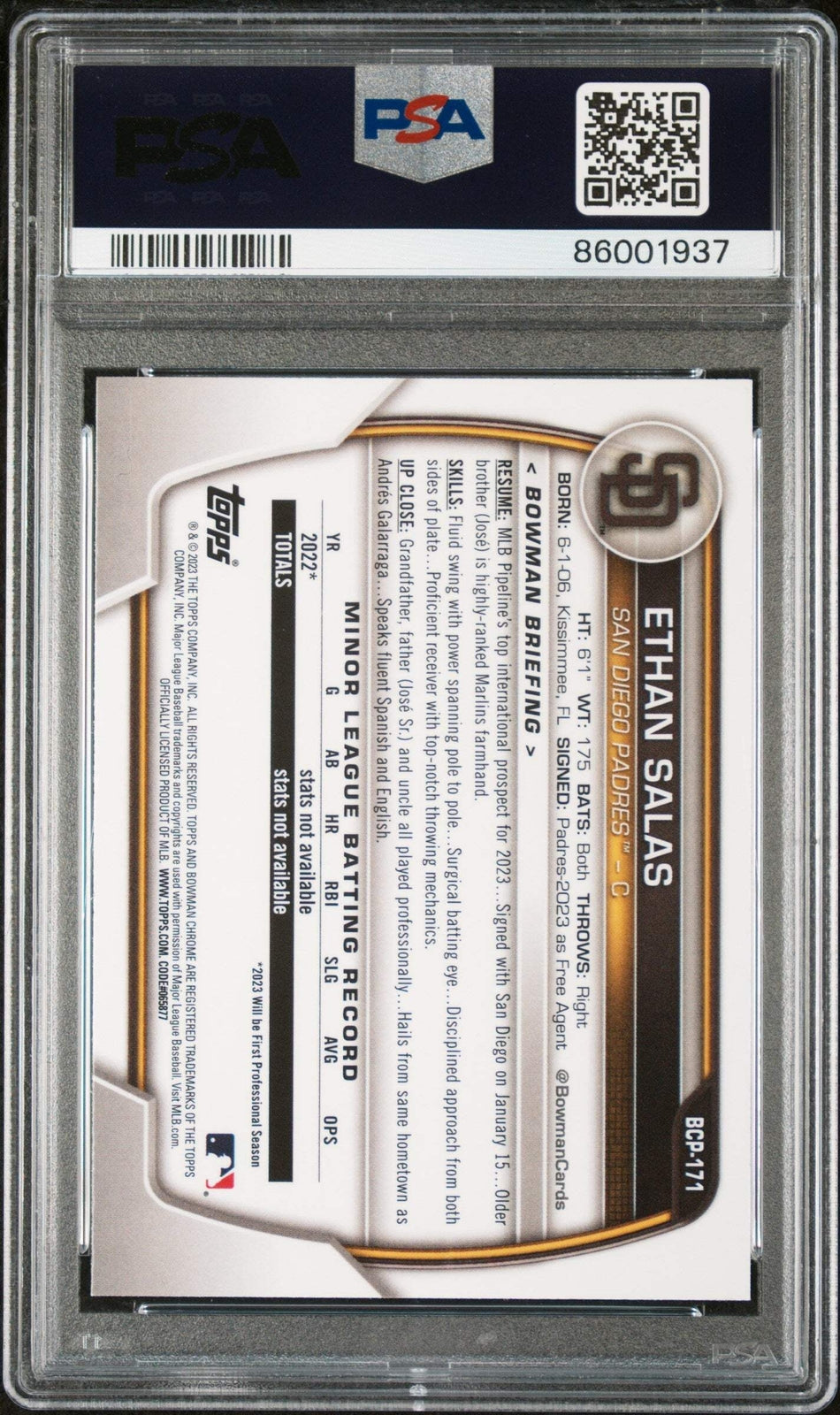 Graded 2023 Bowman Chrome Ethan Salas #BCP171 Prospects RC Baseball Card PSA 10