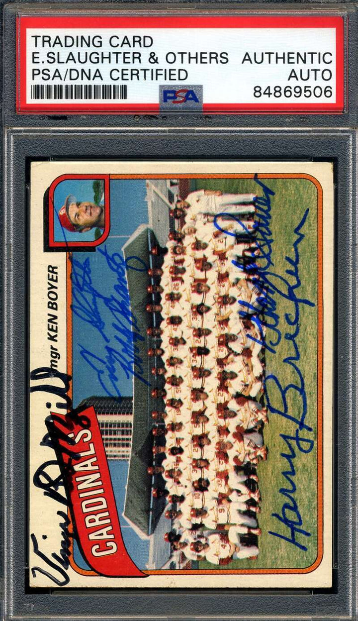 Enos Slaughter and Others PSA DNA Signed By 5 1980 Topps Team Autograph