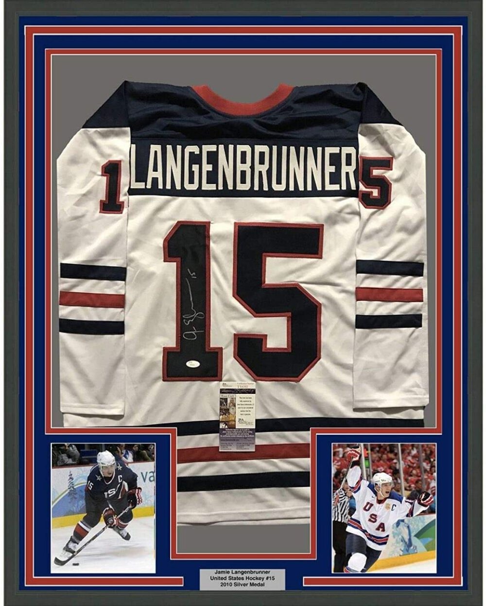 FRAMED Autographed/Signed JAMIE LANGENBRUNNER 33x42 USA White Jersey JSA COA