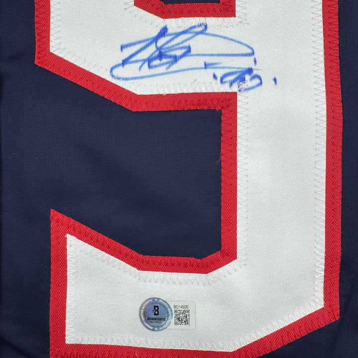 Autographed/Signed Elvis Merzlikins Columbus Blue Jersey Beckett BAS COA