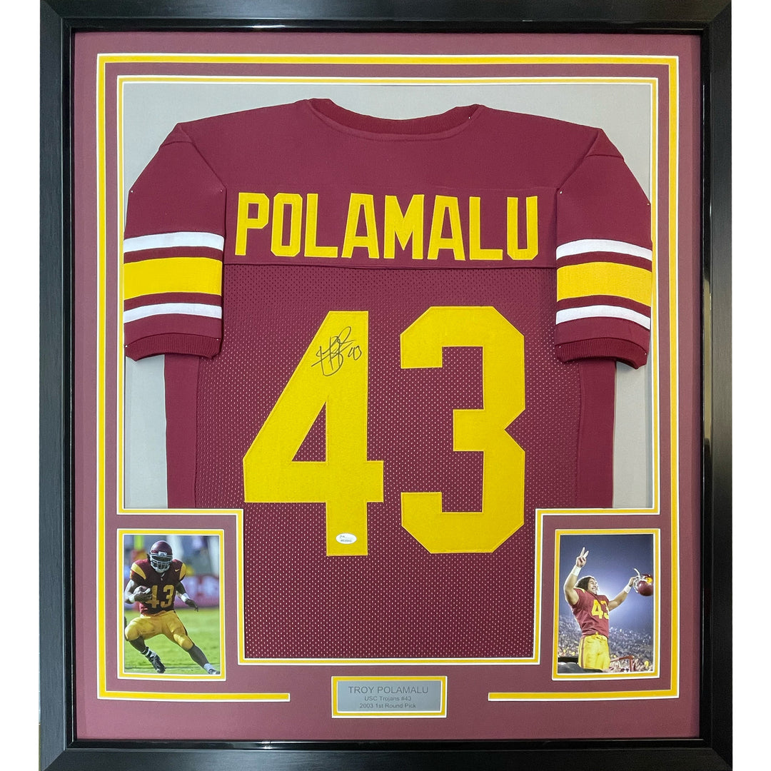 Framed Autographed/Signed Troy Polamalu 33x42 USC Maroon College Jersey BAS COA