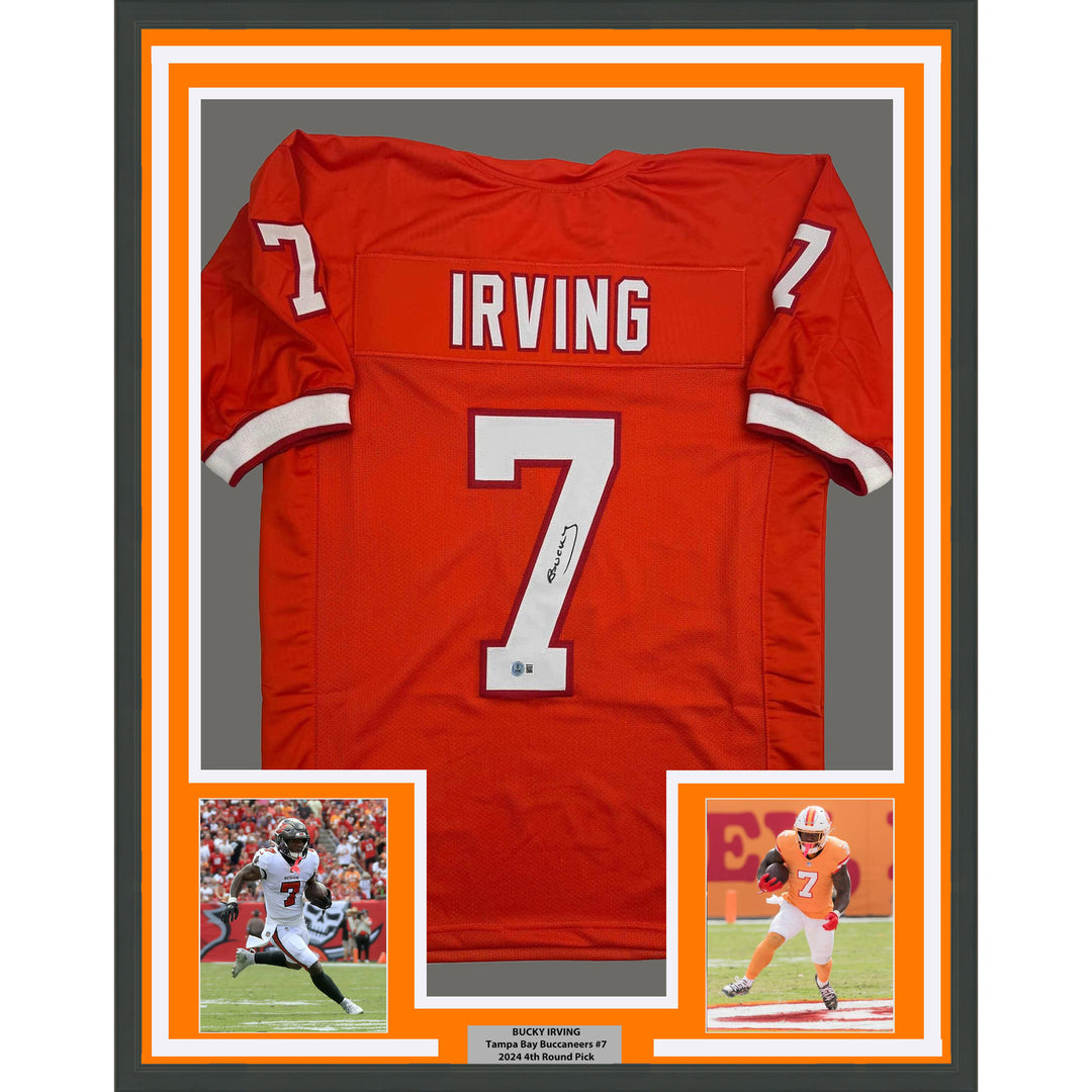 Framed Autographed/Signed Bucky Irving 35x39 Tampa Bay Orange Jersey Beckett COA