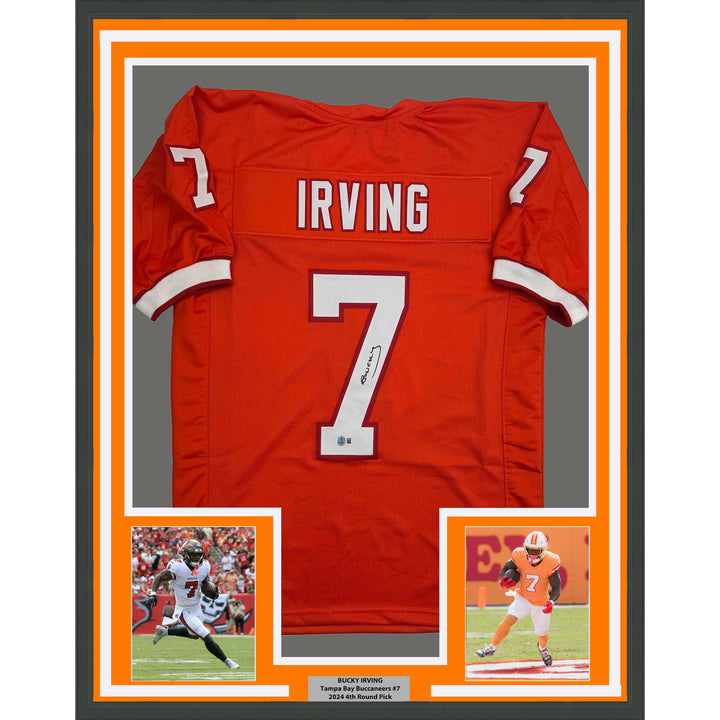 Framed Autographed/Signed Bucky Irving 35x39 Tampa Bay Orange Jersey Beckett COA