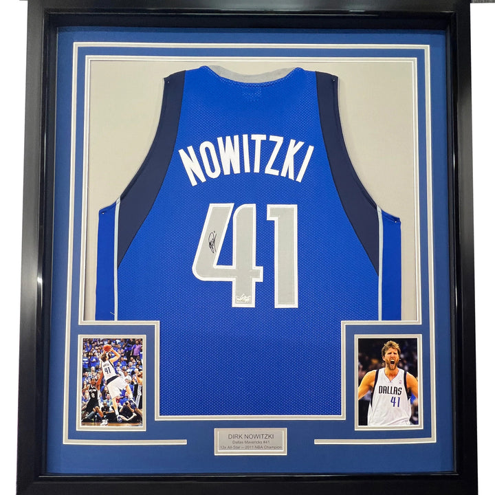 Framed Facsimile Autographed Dirk Nowitzki 33x42 Blue Reprint Laser Auto Jersey