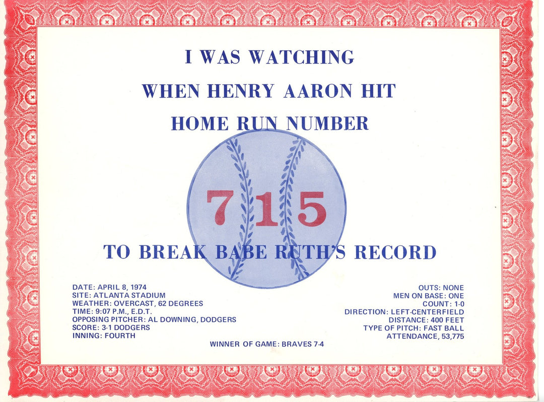 Hank Aaron Atlanta Braves I Was Watching 715 Home Run Card + COA included 56262