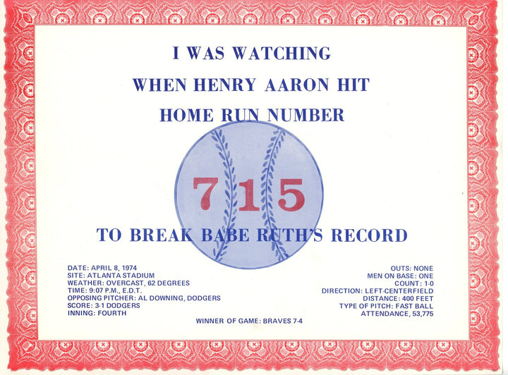 Hank Aaron Atlanta Braves I Was Watching 715 Home Run Card + COA included 56262