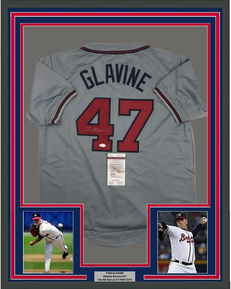 Framed Autographed/Signed Tom Glavine 35x39 Atlanta Grey Jersey JSA COA