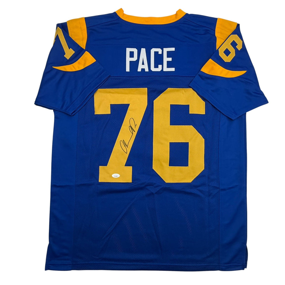 Autographed/Signed ORLANDO PACE HOF 16 St. Louis Blue Jersey JSA COA