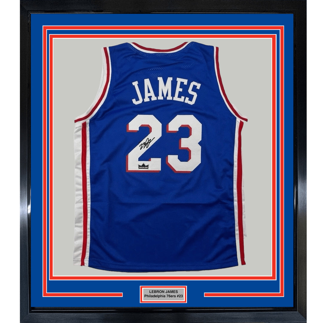 Framed Facsimile Autographed LeBron James 35x39 76ers Blue Reprint Jersey