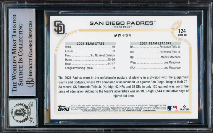 Fernando Tatis Jr. Signed 2022 Topps Card 124 Padres Auto GM 10 Beckett