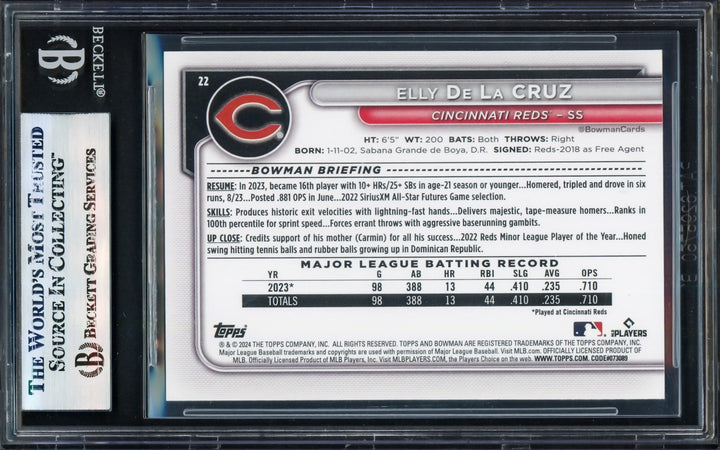 Elly De La Cruz Signed 2024 Bowman RC 22 Cincinnati Reds Beckett
