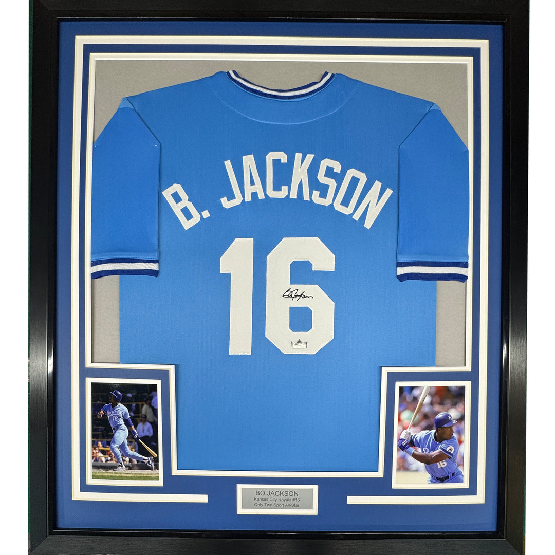 Framed Facsimile Autographed Bo Jackson 33x42 Blue Reprint Laser Auto Jersey