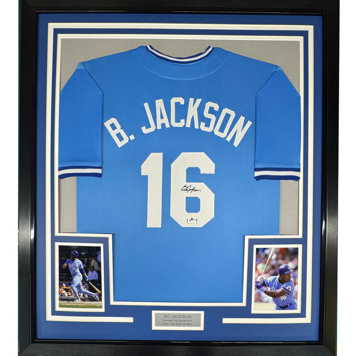 Framed Facsimile Autographed Bo Jackson 33x42 Blue Reprint Laser Auto Jersey