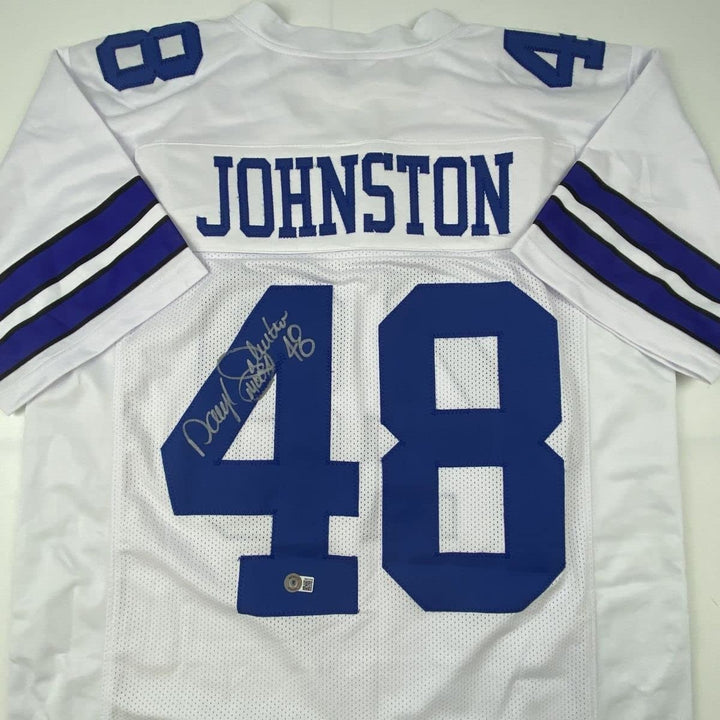 Autographed/Signed DARYL MOOSE JOHNSTON Dallas White Jersey Beckett COA