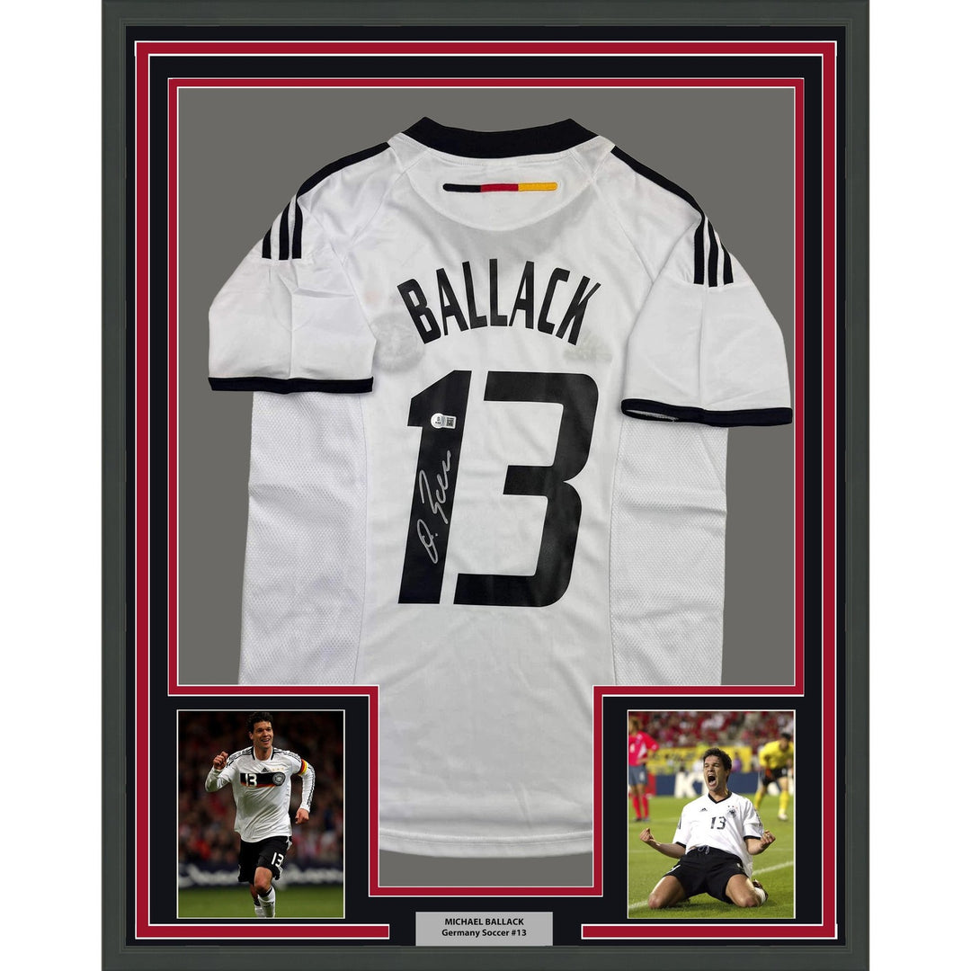 Framed Signed Michael Ballack 35x39 Germany White Jersey Beckett COA