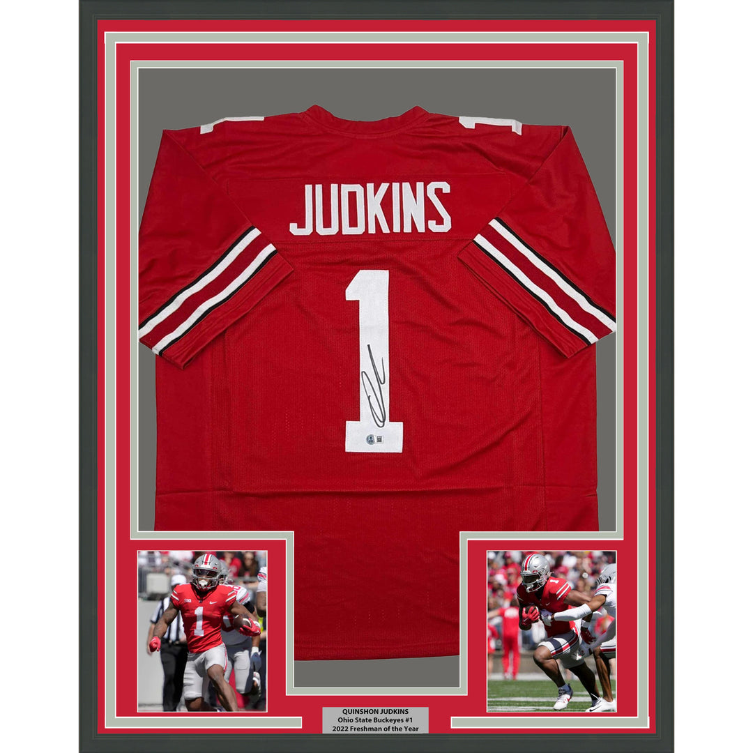 Framed Autographed/Signed Quinshon Judkins 35x39 Ohio State Red Jersey BAS COA